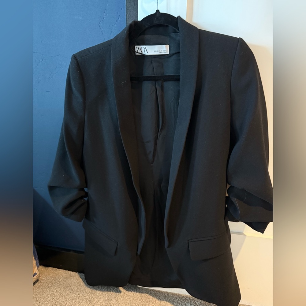 Zara Black Blazer Size XS with Rouched Sleeves
